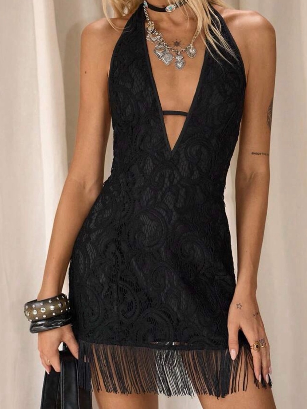 Western Cowgirl Black Lace Halter Fringe Mini Dress XL (12)